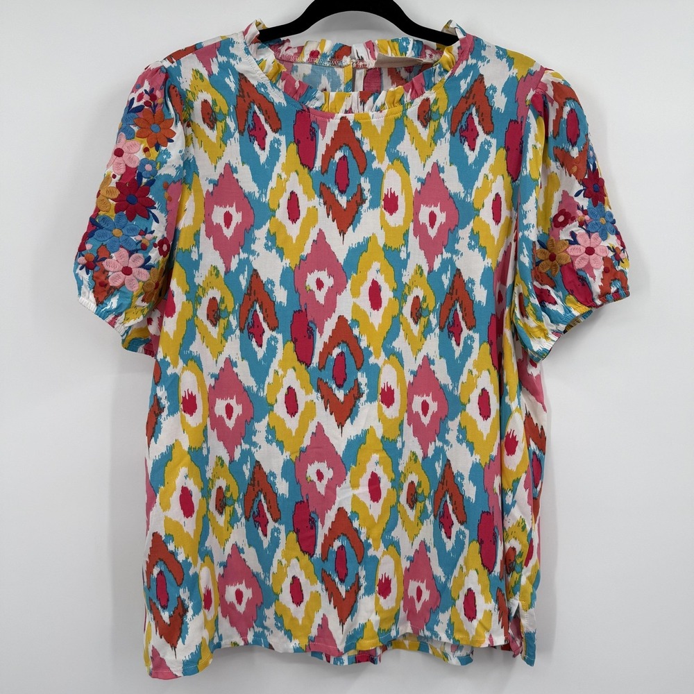 Savanna Jane Blouse Womens Large Multicolor Tunic Puff Sleeve Embroidered Floral